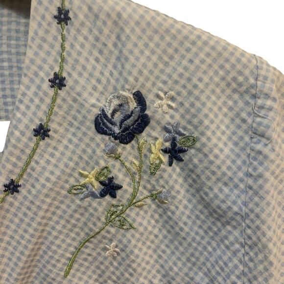 Vintage housecoat nightgown Granada blue checked w floral embroidery pearl snaps - Picture 5 of 8